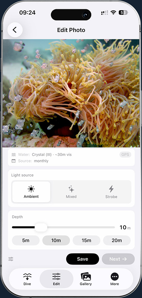 ScubAI auto edit screen: one button restores the colors of an anemone photo